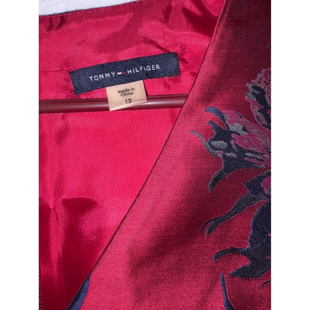 Tommy Hilfiger Womens Red Floral Satin Fit Flare Cocktail Dress Size 12 V-Neck - Picture 8 of 12